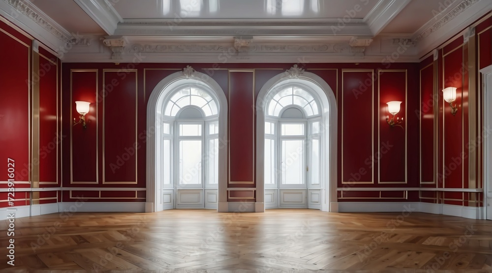 Modern symmetrical classic red empty interior with wall panels molding and shiny wooden floor from Generative AI
