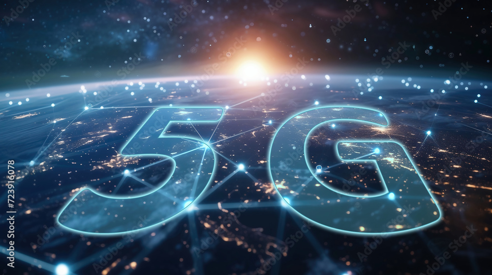 Future technology 5G network. Telecommunication network above city, wireless mobile internet technology for LTE data connection. Internet of Things, global business, fintech, blockchain - obrazy, fototapety, plakaty 