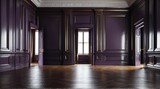 Modern symmetrical classic purple empty interior with wall panels molding and shiny wooden floor from Generative AI