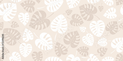 Vector illustration, Seamless pattern of white and beige leaves of monsters of different shades on a beige background. Background for the site, packaging, product design, wallpaper, fabric, textile