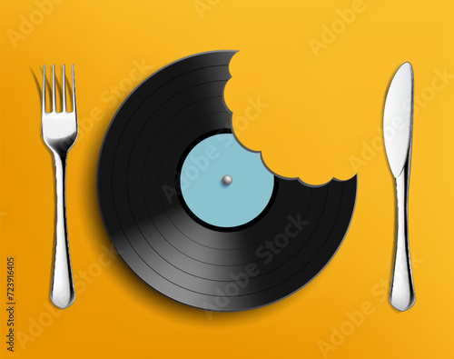 Vinyl music retro disc with fork knife. Stock vector illustration