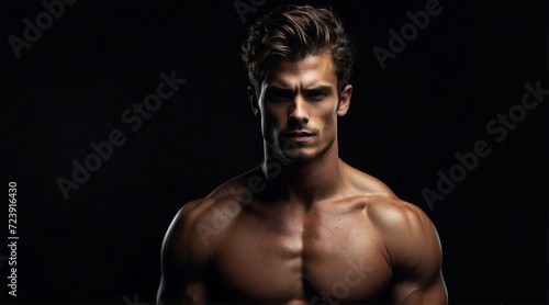 Upper body of a muscled toned handsome young male model on plain black background from Generative AI © sevenSkies
