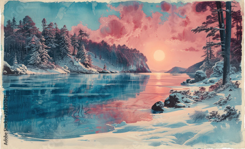 sunset on the lake. An engraving showing a landscape of a frozen winter forest