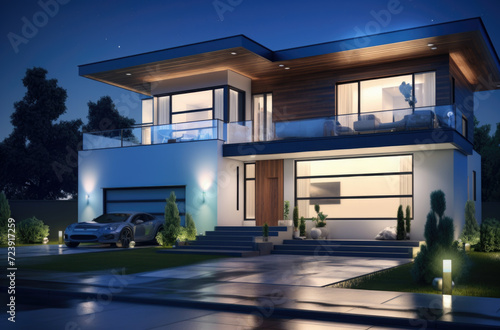Panoramic photo of modern house with outdoor and indoor lighting  at night