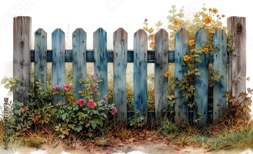 watercolor drawing of a wooden garden fence in a rustic style