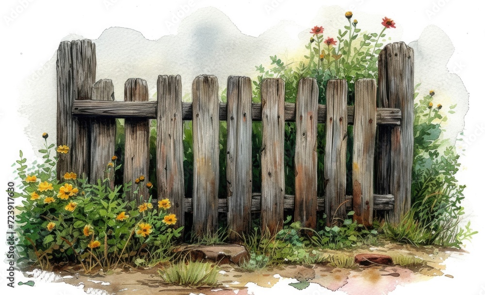 Obraz premium watercolor drawing of a wooden garden fence in a rustic style