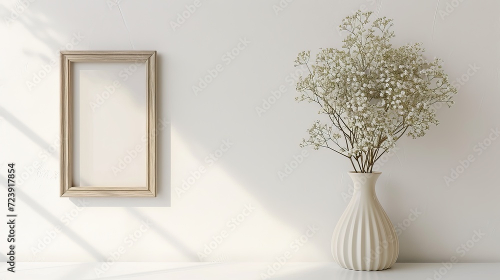 Shadow of gypsophila on the wall with a white vase and empty frame on a white table Shadow of gypsophila on the wall with a white vase and empty frame on a white table