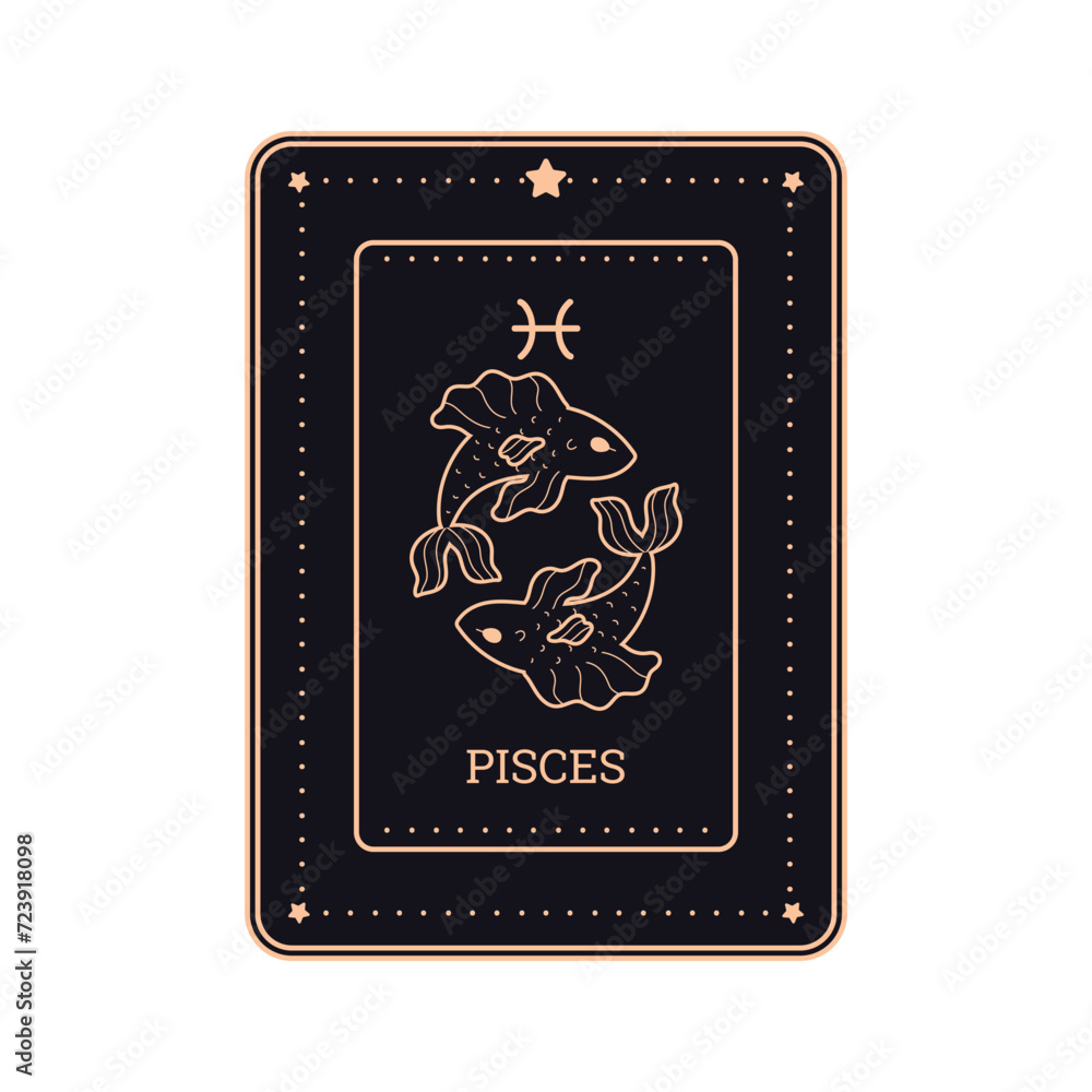 Card of Pisces or Fish horoscope zodiac sign, golden line vector illustration. Card of Pisces or Fish horoscope zodiac sign, golden line vector illustration.