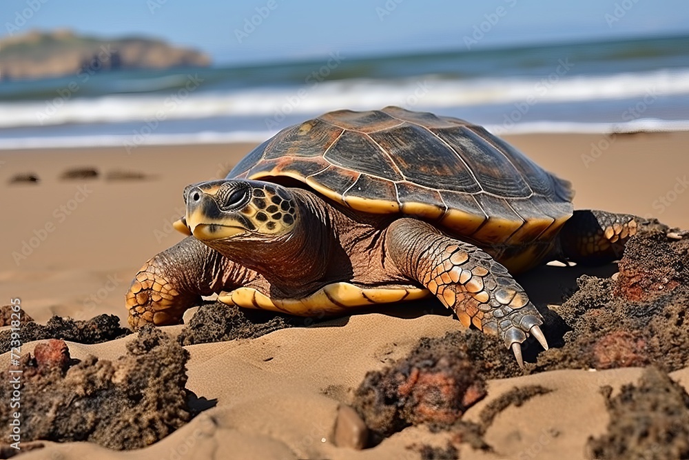 Sea Turtle Resting on Coastal Beach Sands.