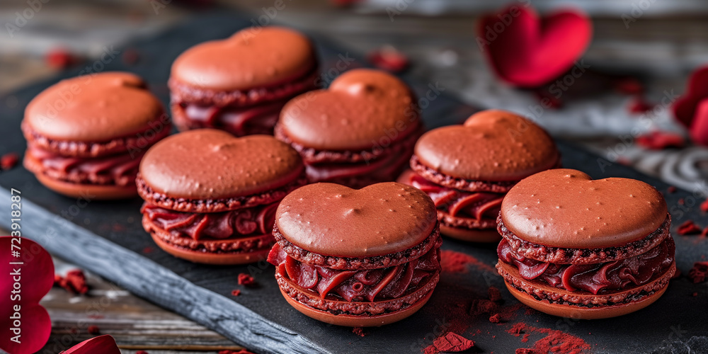 Heart shaped red velvet macarons arranged on a slate board, a perfect treat for romantic occasions and gifting.
Heart shaped red velvet macarons arranged on a slate board, a perfect treat for romantic occasions and gifting.