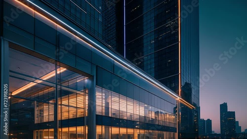 The array of lights on the office buildings faÃ§ade highlights its unique structure making it stand out a other buildings in the city. photo