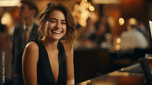 Cheerful relaxed young businesswoman portrait Business woman sitting at a bar or restaurant for taking rest Charming young lady come alone with beautiful dress photo