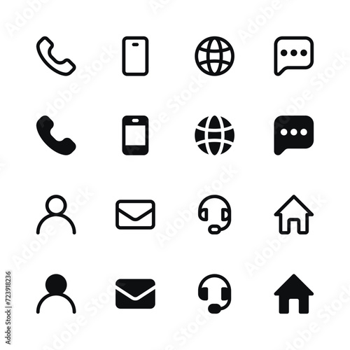 "Universal Contact Icons Set - Telephone, Address, Smartphone, Email, Globe, Headset Symbols