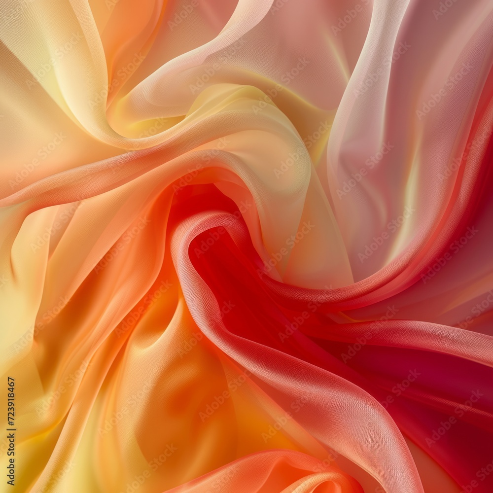 Fototapeta premium A vibrant, swirling mix of silky fabrics in soft hues of orange, yellow, and pink creating a dynamic, abstract pattern.