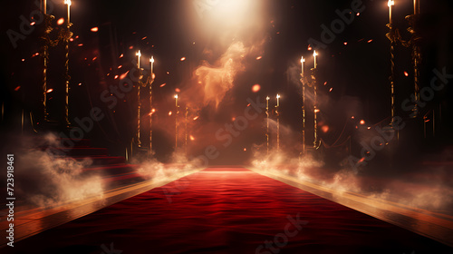 Red carpet staircase with smoke and spotlights, holiday awards ceremony event