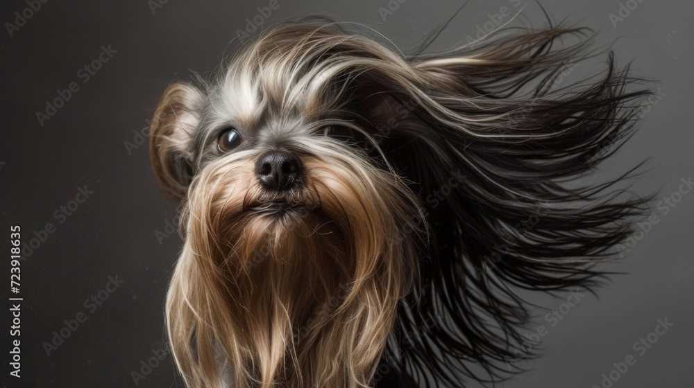 A dog with long hair blowing in the wind in style of fashion editorial. Dog coat on dark background. A dog with long hair blowing in the wind in style of fashion editorial. Dog coat on dark background.