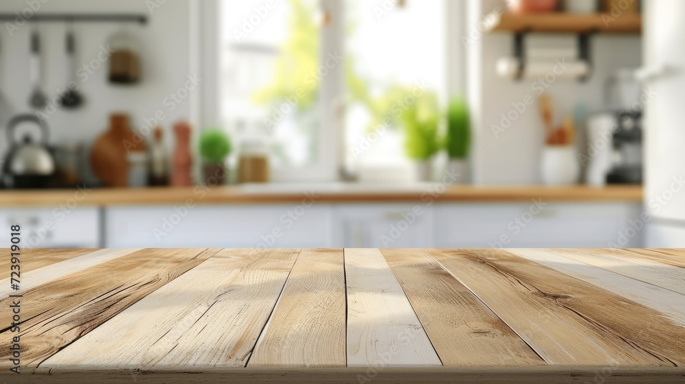 Desk of free space for your decoration of product or text and blurred background of kitchen furniture.  