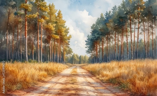 watercolor a beautiful green pine forest on the left