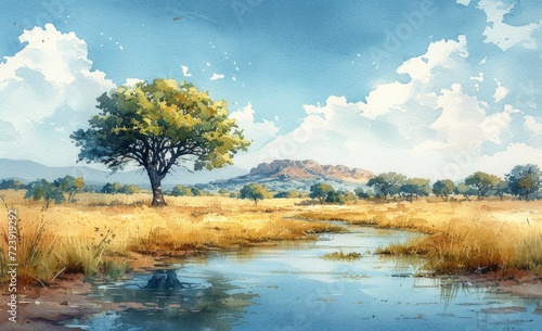 watercolor Front view, african safari savannah dry forest and shallow river © Denis
