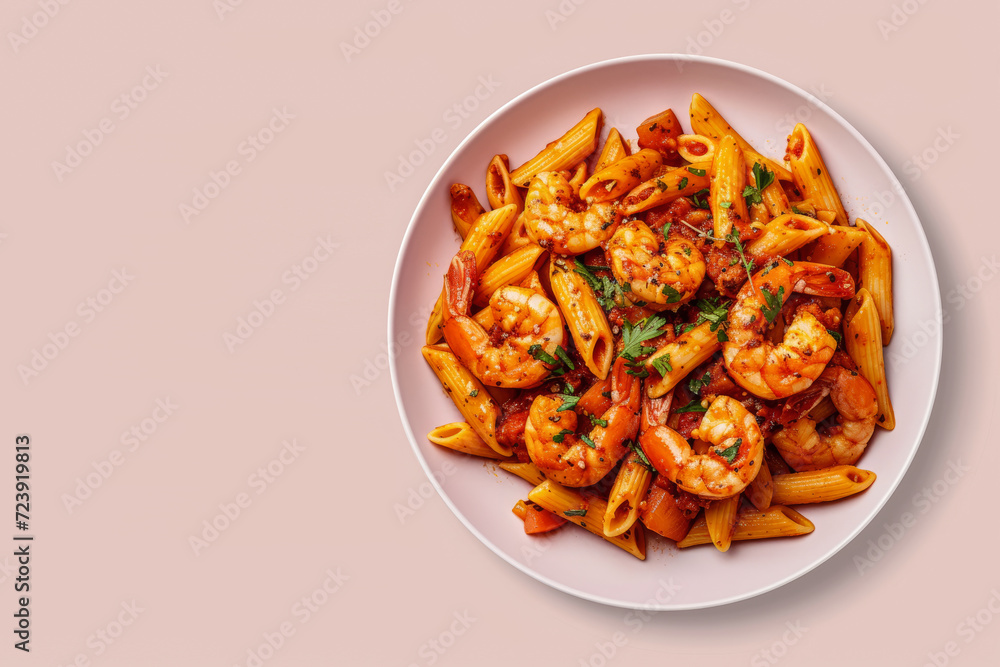 Spicy Shrimp Penne Arrabbiata. Penne pasta with a arrabbiata sauce. Light pink color background, top view. Space for text. Spicy Shrimp Penne Arrabbiata. Penne pasta with a arrabbiata sauce. Light pink color background, top view. Space for text.