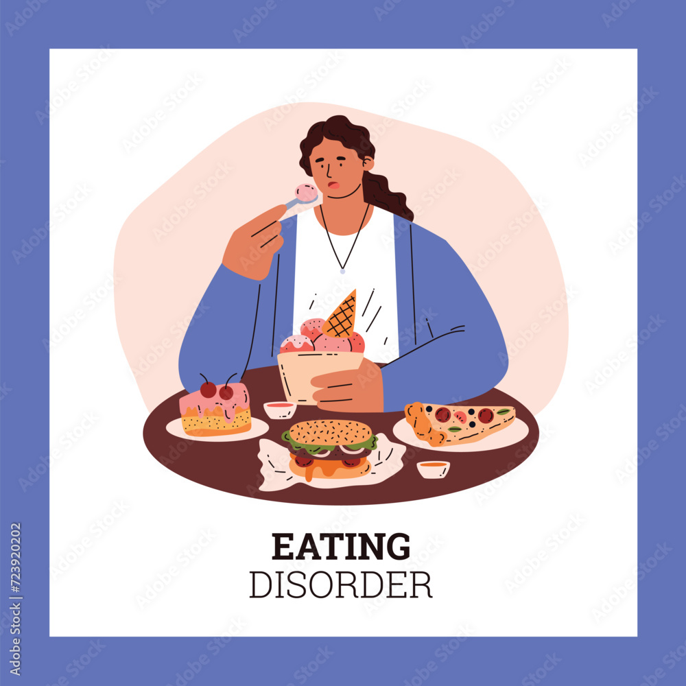 Lady devouring bakery sweets desserts and fatty fast food, cartoon woman eating ice cream, Eating disorder vector poster Lady devouring bakery sweets desserts and fatty fast food, cartoon woman eating ice cream, Eating disorder vector poster