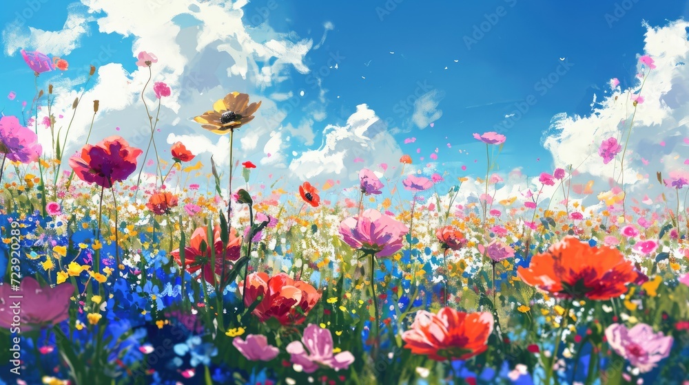 Illustration of a flower meadow in spring.  