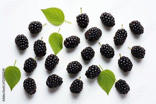 Fresh blackberries find simplicity in a minimalist arrangement on a clean, white background