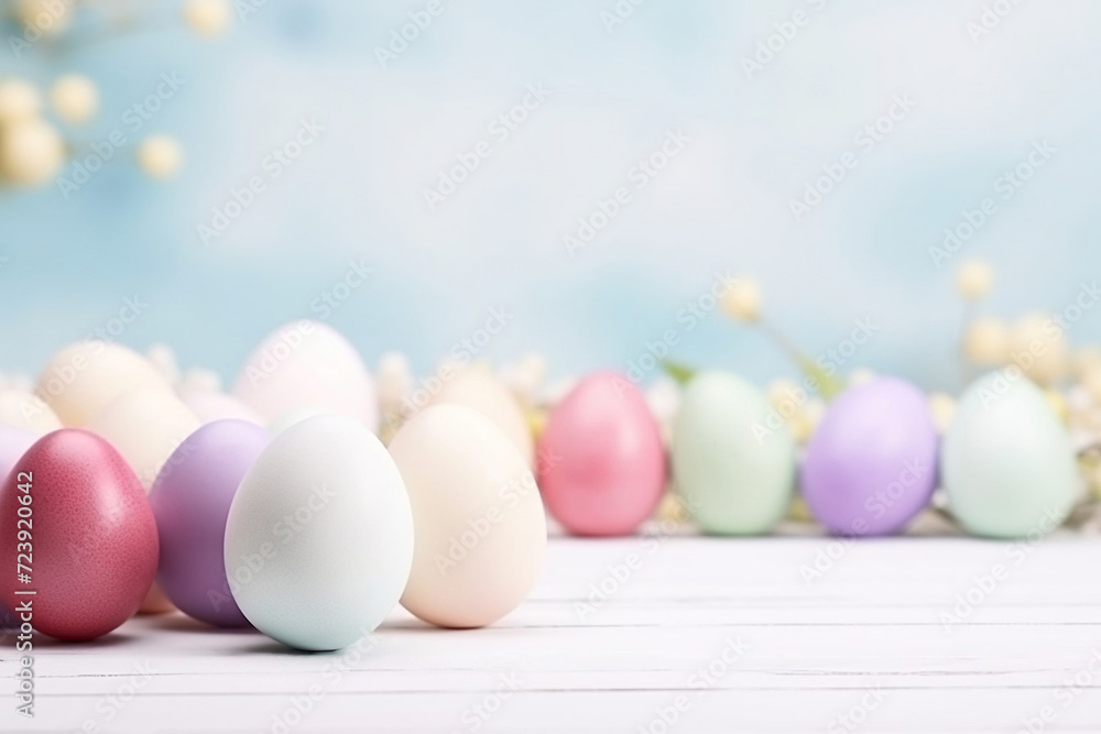 Festive Easter background with colored eggs on a white wooden table and blue backdrop. Festive Easter background with colored eggs on a white wooden table and blue backdrop.