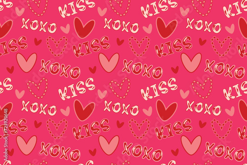 Cute red pink hearts words xoxo kiss seamless pattern lovely romantic background Valentine's Day textiles fabric wallpaper Monochrome wrapping paper wallpaper polygraphy Repeating design Fabric print