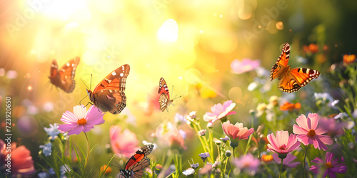 Beautiful summer meadow with flowers and butterflies. Nature background