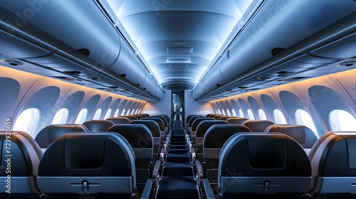 Soft ambient lighting enhances the spacious cabin, and rows of neatly arranged seats invite passengers to relax during their journey. The overhead compartments and the view of the airplane's wings thr