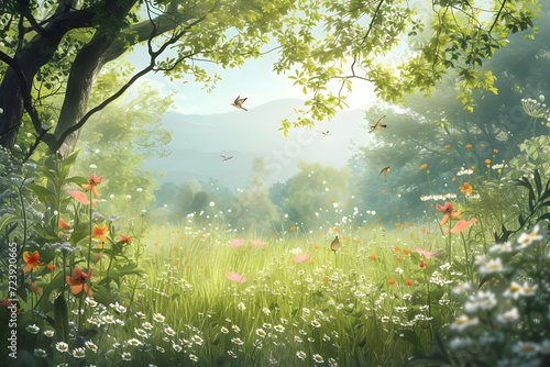 Beautiful spring landscape with wild flowers and butterflies. Nature background