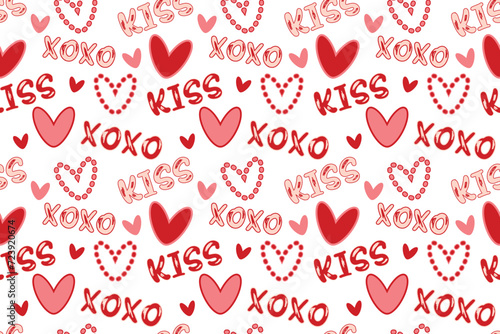 Cute red pink hearts words xoxo kiss seamless pattern lovely romantic Isolated background Valentine's Day textiles fabric wallpaper wrapping paper wallpaper polygraphy Repeating design Fabric print