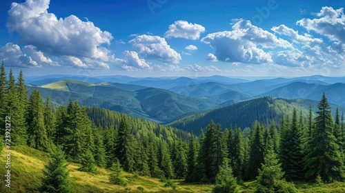 Magnificent panoramic view the coniferous forest on the mighty Carpathians Mountains and beautiful blue sky background. Beauty of wild virgin Ukrainian nature. © Chaynam