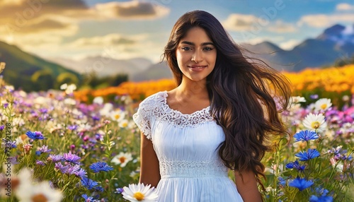 Portrait einer schönen Frau mit langen, lockigen Haaren in einer Blumenwiese und Bergen im Hintergrund. Ai. Urlaub. Landschaft. photo