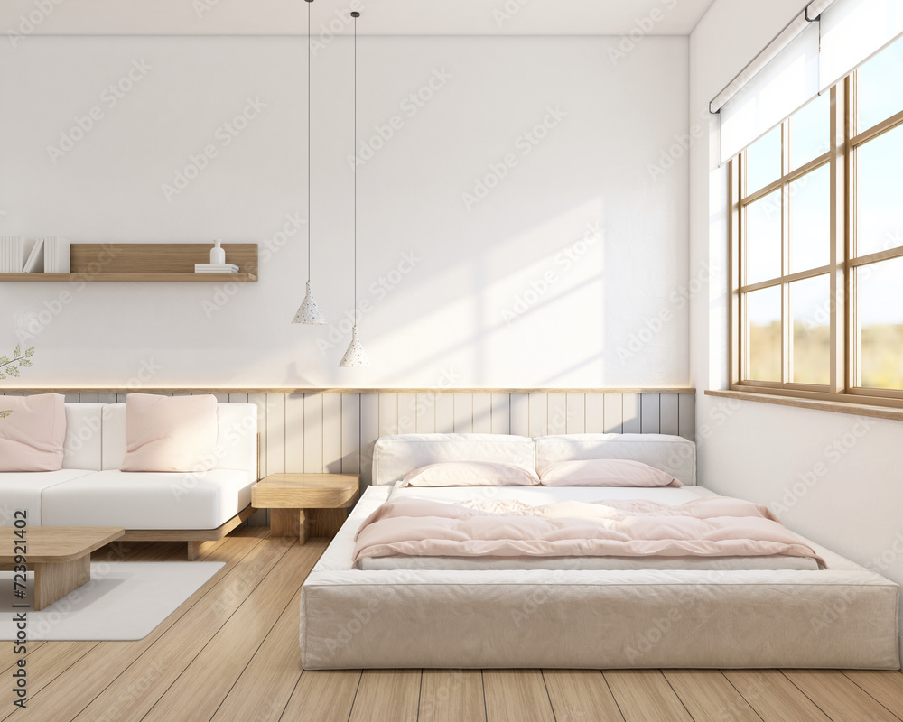 Modern japan style tiny room decorated with minimalist bed and sofa, white wall and gray slat wall, wood floor and window. 3d rendering Modern japan style tiny room decorated with minimalist bed and sofa, white wall and gray slat wall, wood floor and window. 3d rendering