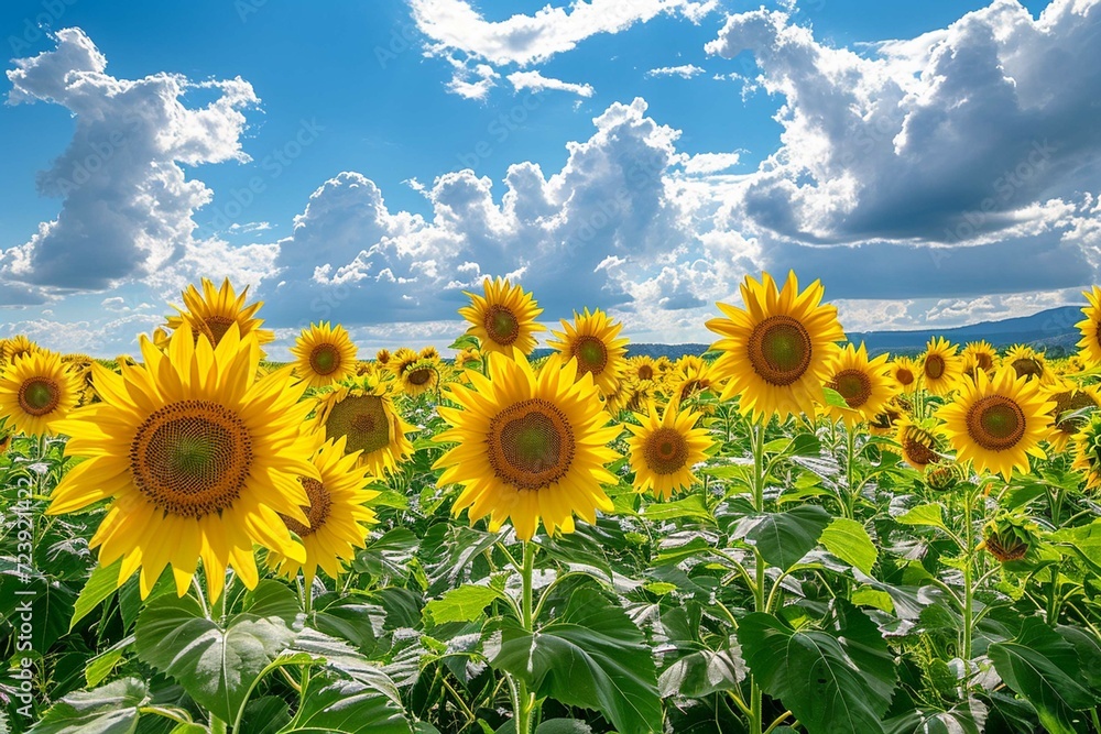 Sunflower field with cloudy blue sky 