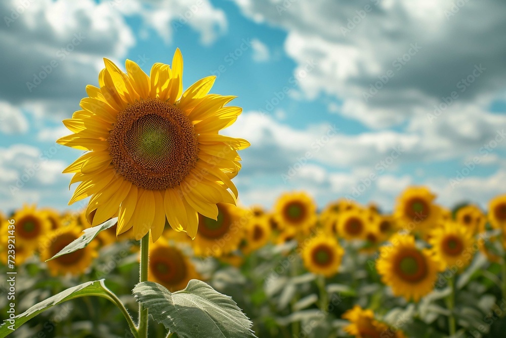 Sunflower field with cloudy blue sky 