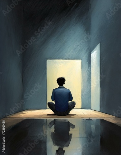 Ein einsamer, depressiver Mann sitzt in einem leeren Raum verloren in ihren Gedanken. Ki. Depression. Illustration.