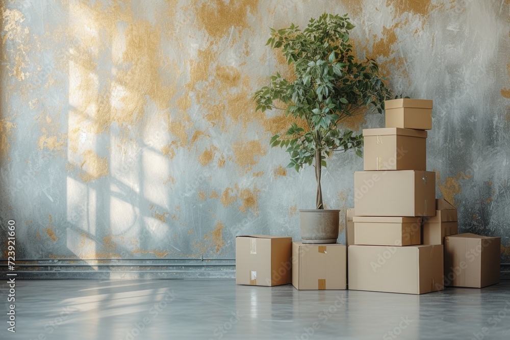 Boxes and a plant stacked in front of an empty room ready for a new beginning or relocation, moving day picture Boxes and a plant stacked in front of an empty room ready for a new beginning or relocation, moving day picture