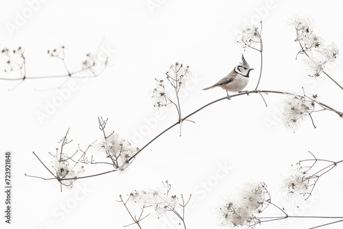 Crested tit on clematis vitalba  fine art photography on white background  Lophophanes cristatus 