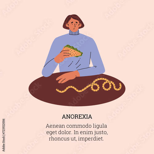 Woman eating sandwich with fresh vegetables and salad, measuring tape on the table, eating disorder and anorexia vector