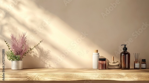 Rustic wooden podium on natural brown background for product display, 