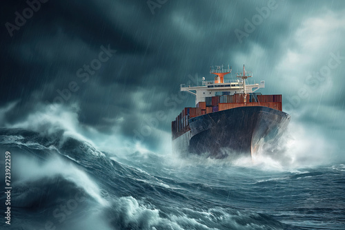 As container ship floats with ocean during raging storm with large waves a strong winds AI Generation