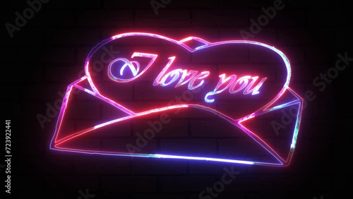 Retro neon heart sign on purple background. Glowing neon heart shape with text i love you and letter box suit icon. Red and blue color neon two heart shape Valentine's Day love sign card.