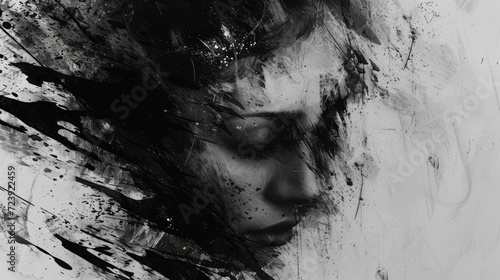 abstract woman face of depression, anxiety, illness or sadness, copy space background photo