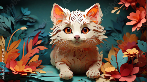 Cute white cat with orange eyes lying among autumn leaves and flowers.