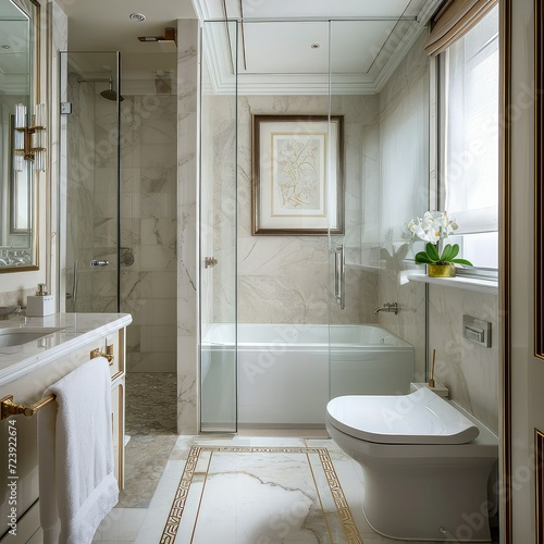 Small, luxurious bathroom with intricate marble tile accents on walls and floors.