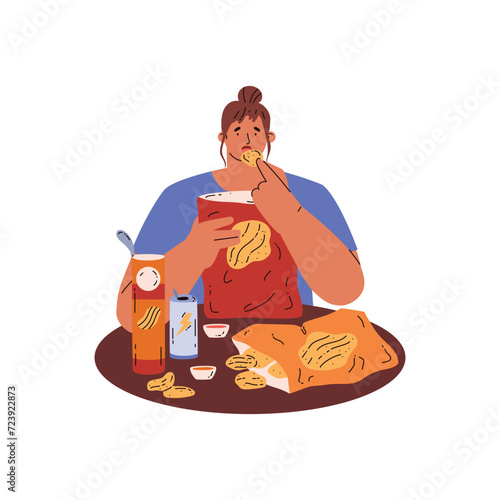 Woman eating crisps and soda fast junk food, unhealthy fat snacks, eating disorder, bad eating habit vector illustration