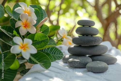 Black smooth round stones stacked with white plumeria flowers and green leaves on white cloth